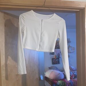 White Ribbed Zip-Up Crop Top